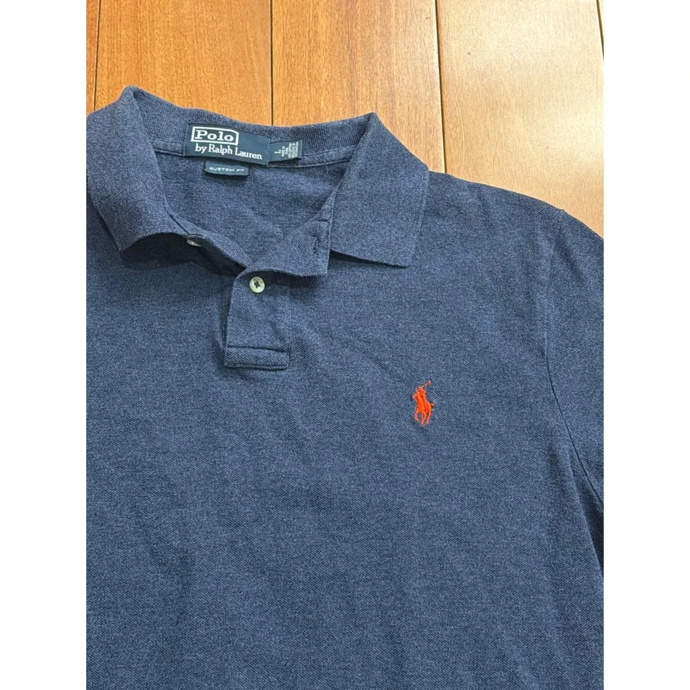 Polo‎ Ralph Lauren Polo Shirt Mens Navy Blue Custom Fit Pique Cotton Large